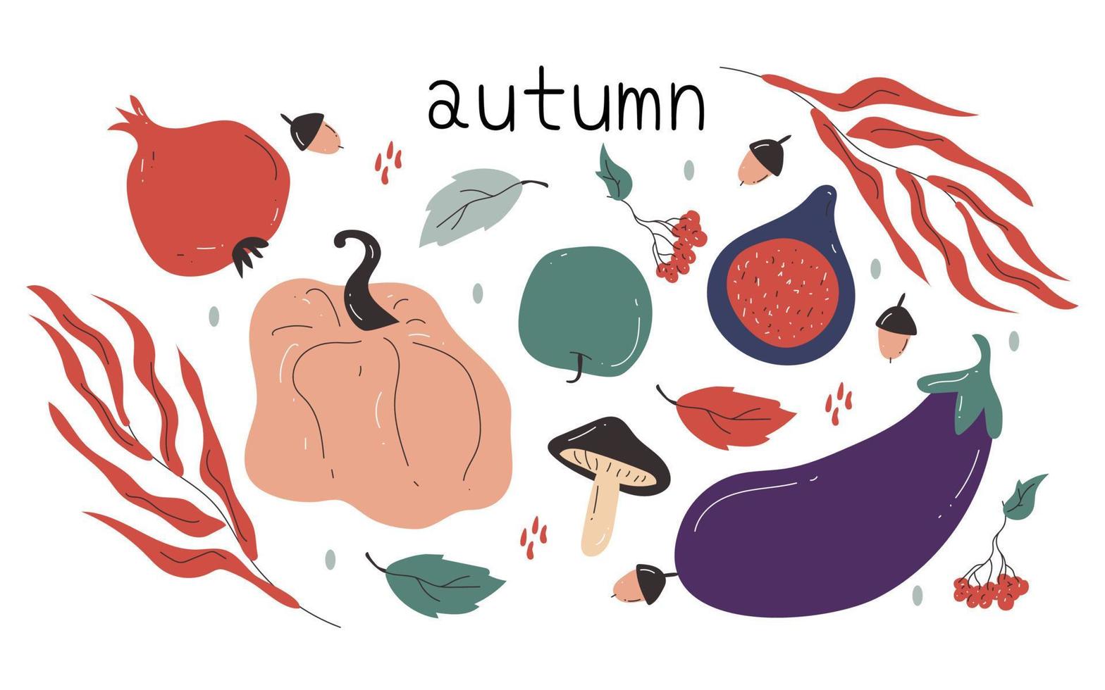 set doodle disegnato a mano di verdure autunnali in colori vivaci vettore