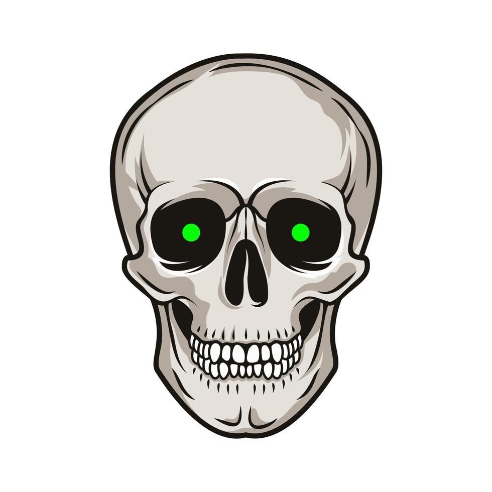 teschio umano con occhi verdi. vista frontale. illustrazione disegnata a mano vettoriale isolata su sfondo bianco
