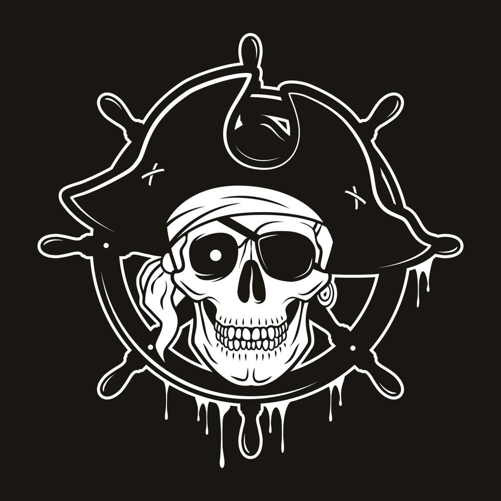 emblema dei pirati con volante e teschio con cappello e benda sull'occhio. illustrazione del fumetto disegnata a mano di vettore isolata su fondo nero