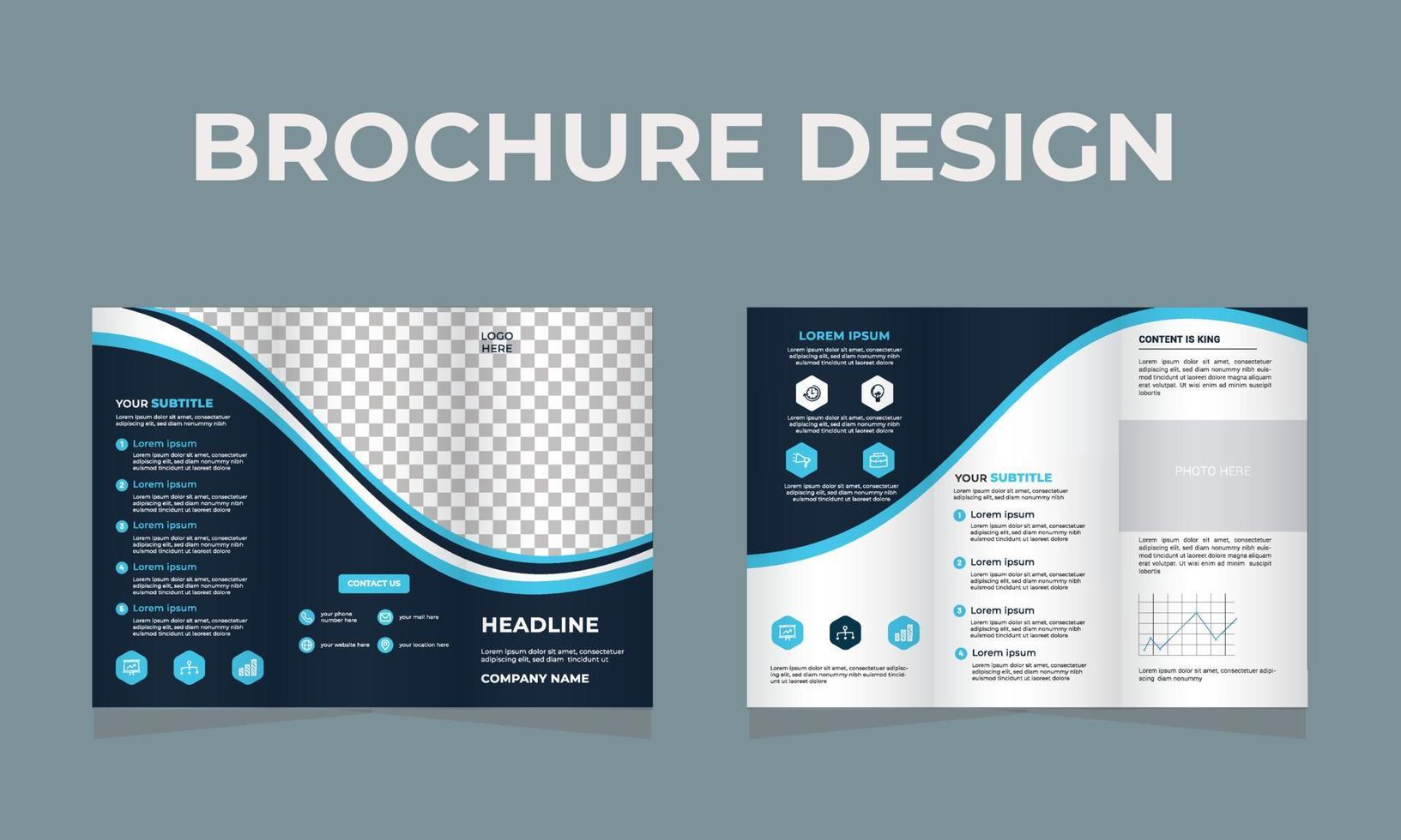 Le curve d'onda del modello di progettazione dell'opuscolo, il modello di volantino a tre pieghe professionale per affari, l'opuscolo aziendale o il design della copertina, possono essere utilizzati per l'editoria, la stampa e la presentazione. vettore