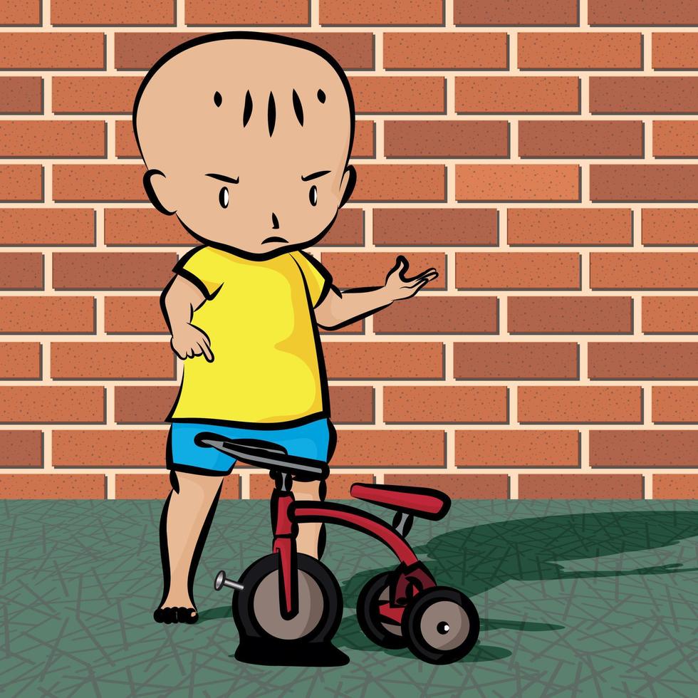 bambino infelice per una gomma a terra sul suo triciclo vettore