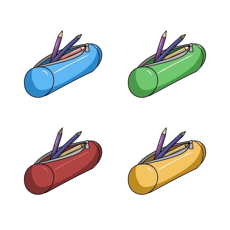 un set di astucci colorati per la scuola con penne e matite, illustrazione vettoriale in stile cartone animato su sfondo bianco