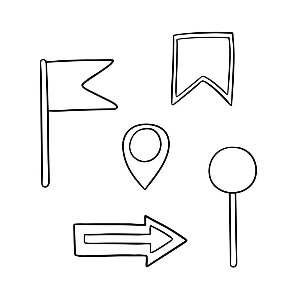 set monocromatico di icone, indicatori per una mappa per viaggiatori, presentazioni, illustrazione vettoriale in stile cartone animato su sfondo bianco