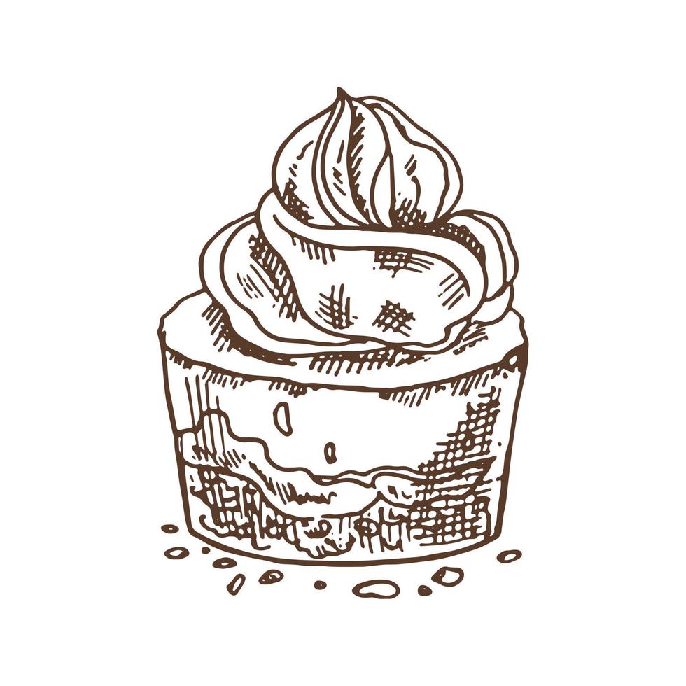 gustoso dolce cremoso. illustrazione monocromatica vettoriale vintage. schizzo disegnato a mano di deliziosa cup cake con crema. elemento di prodotto gastronomia di design.