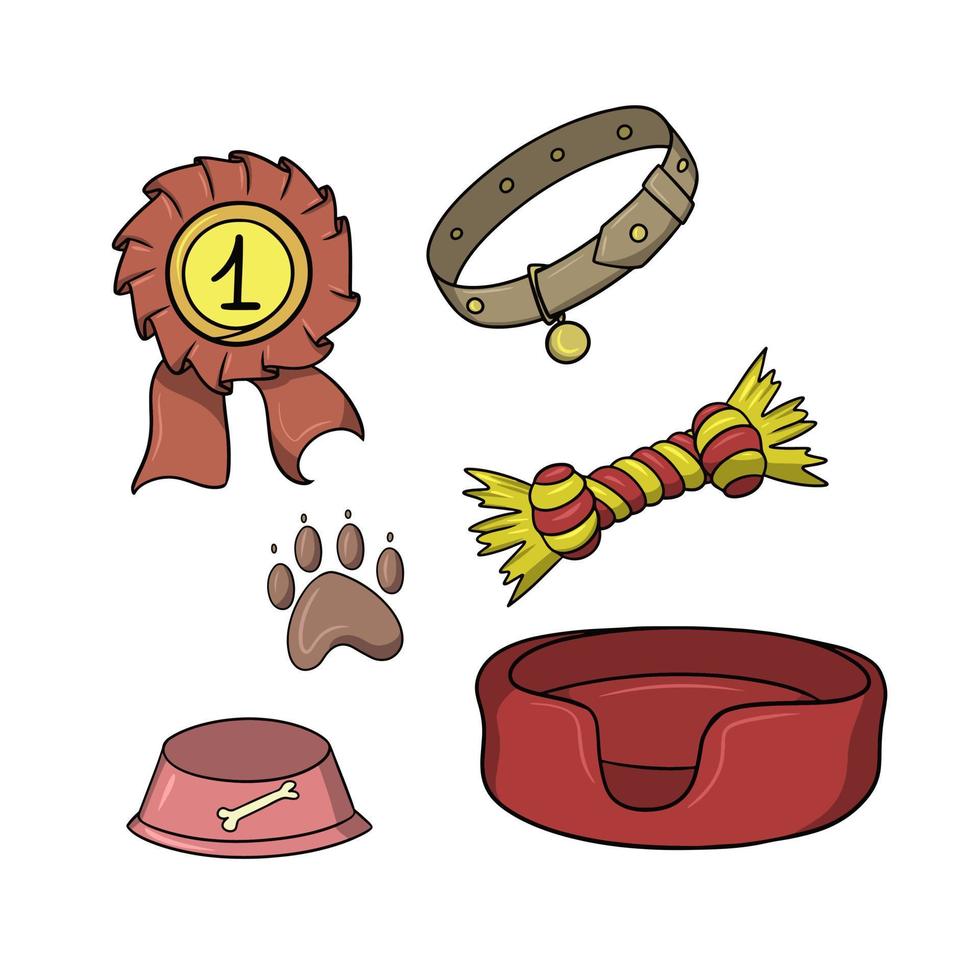 un set di icone colorate, accessori rossi per cani, illustrazione vettoriale in stile cartone animato su sfondo bianco