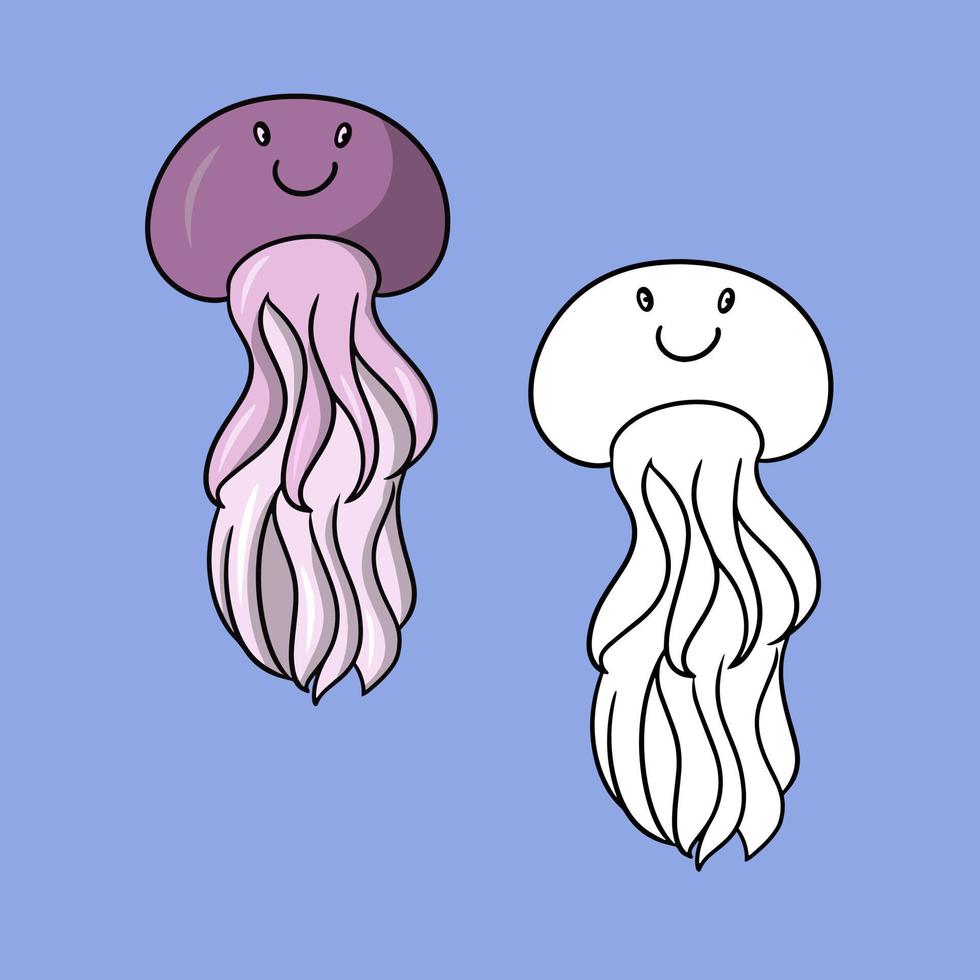 serie di illustrazioni, vita marina, meduse viola con un sorriso e lunghe appendici, vettore in stile cartone animato su sfondo colorato