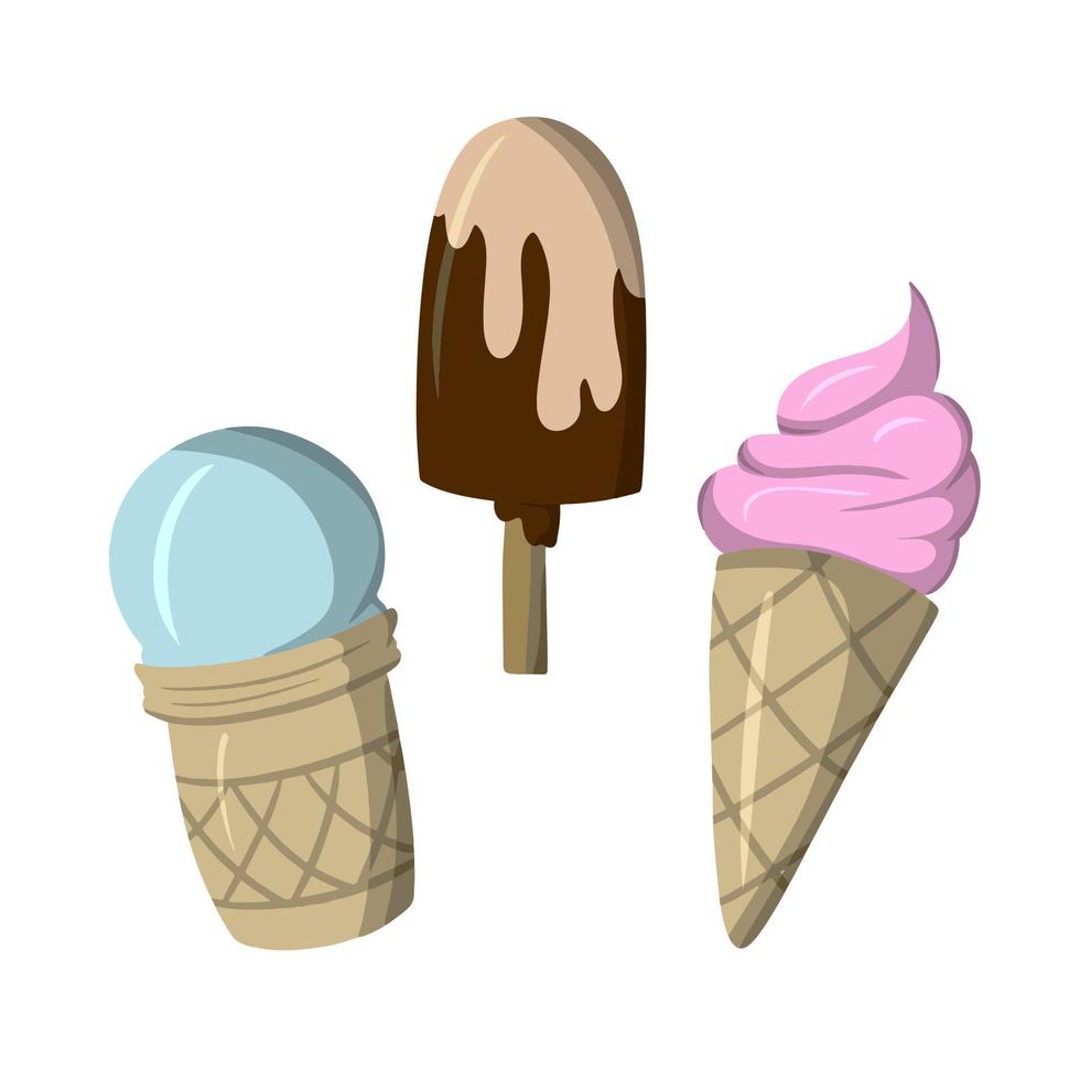 un set di icone, vari deliziosi gelati, dessert freddo, illustrazione vettoriale in stile piatto su sfondo bianco