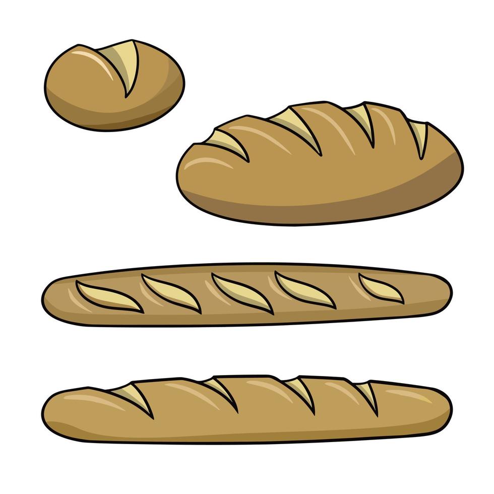 una serie di immagini a colori, diverse pagnotte di pane bianco, illustrazione vettoriale in stile cartone animato su sfondo bianco