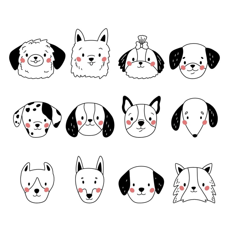 doodle facce di cani. teste di cuccioli disegnate a mano. diverse razze di cani dei cartoni animati. illustrazione vettoriale. vettore