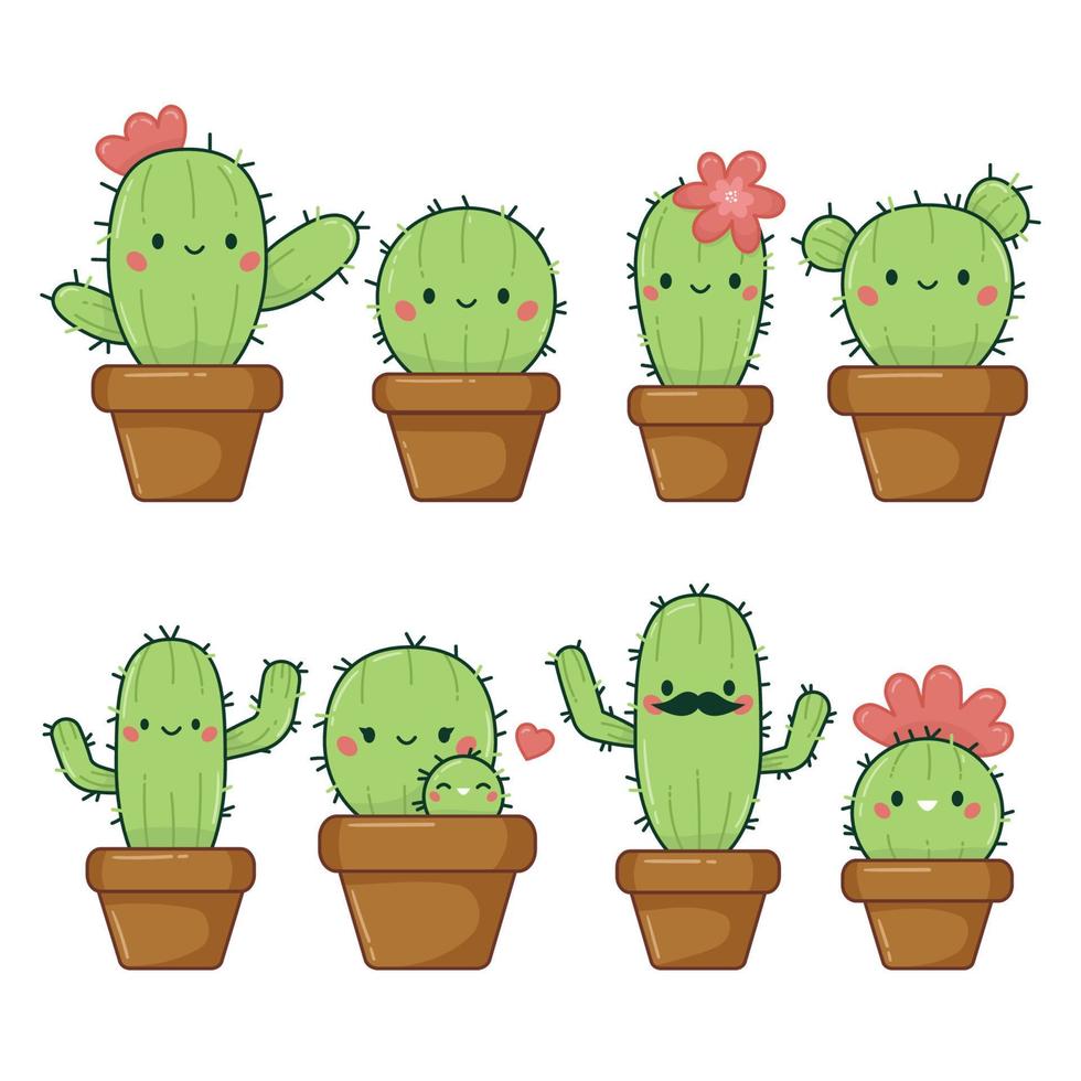 raccolta di piante di cactus carino con faccia felice. personaggi dei cartoni animati kawaii. scarabocchiare piante d'appartamento in vasi di fiori. illustrazione vettoriale isolato su sfondo bianco.