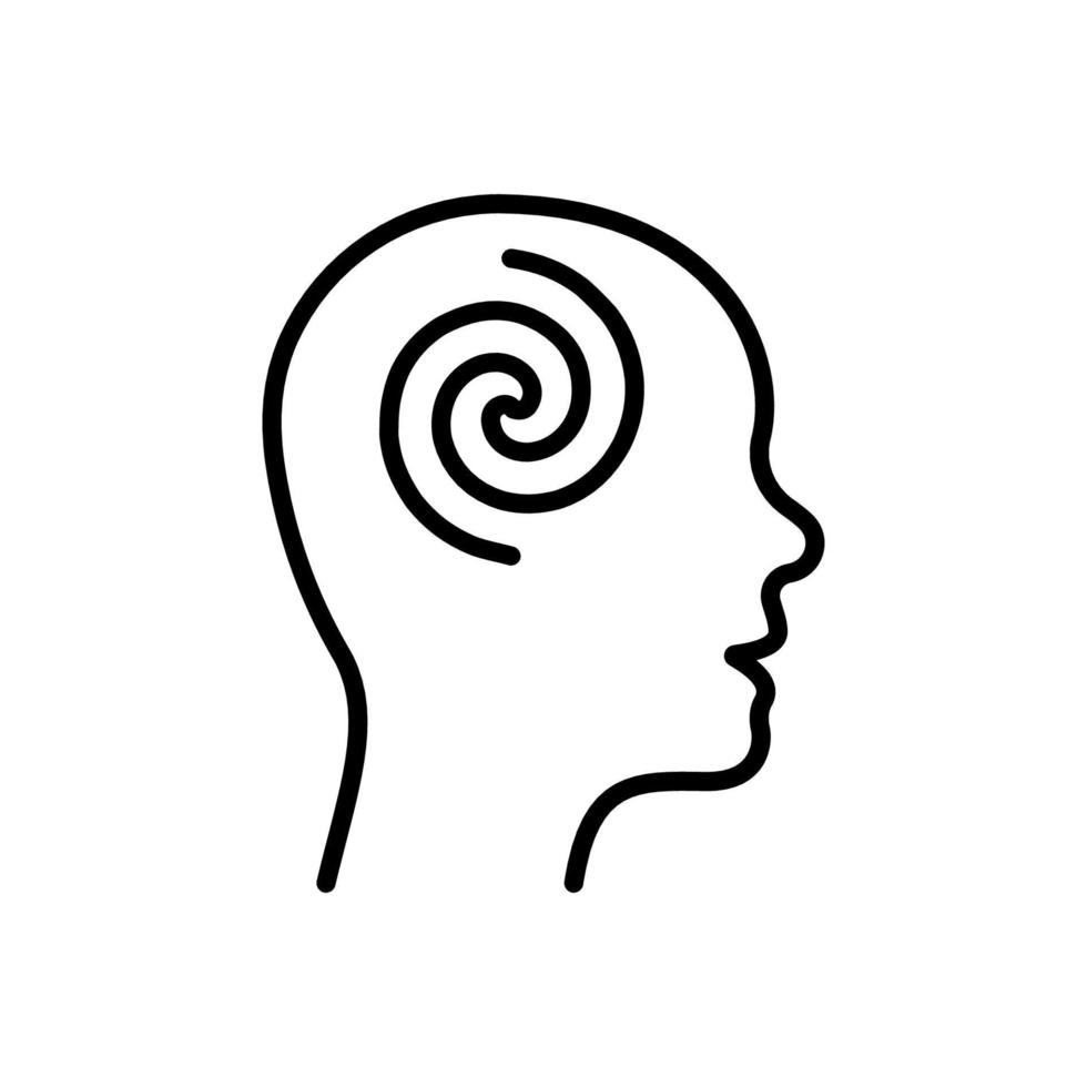 icona della linea di psicologia dell'ipnosi. pittogramma lineare a spirale a spirale tonda mente. icona di contorno di benessere di immaginazione creativa del cervello. caos mentale nella testa dell'uomo. tratto modificabile. illustrazione vettoriale isolata.