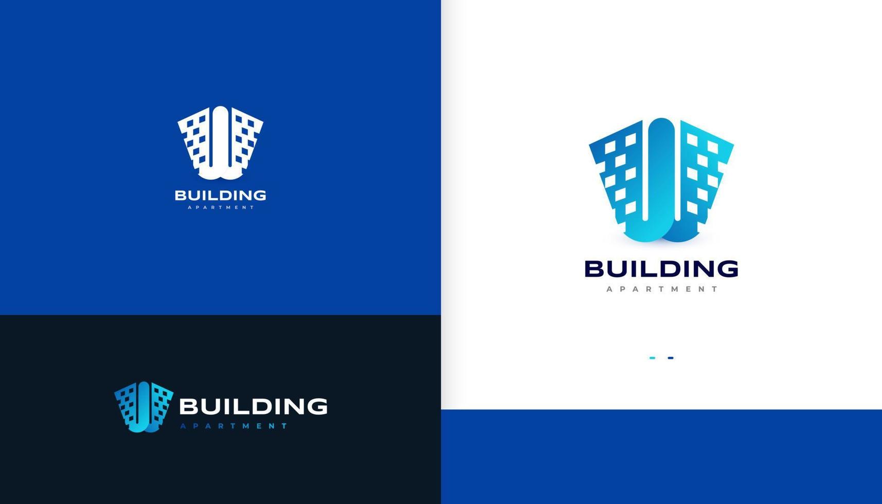 logo iniziale w con concetto di forma dell'edificio. logo blu lettera w, adatto per loghi di attività immobiliari, hotel, resort o appartamenti vettore