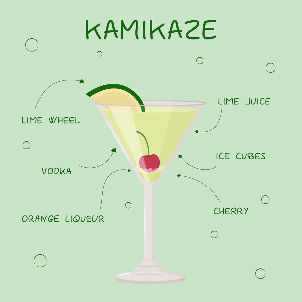 bevanda alcolica, cocktail e bevande ricetta. kamikaze. disegno del menu. guida del barista. illustrazione vettoriale piatta
