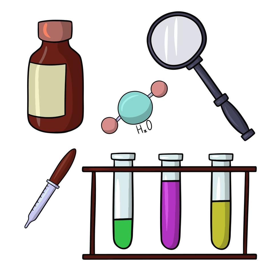 raccolta di dispositivi chimici per esperimenti scolastici, esperimenti chimici, illustrazione vettoriale in stile cartone animato su sfondo bianco