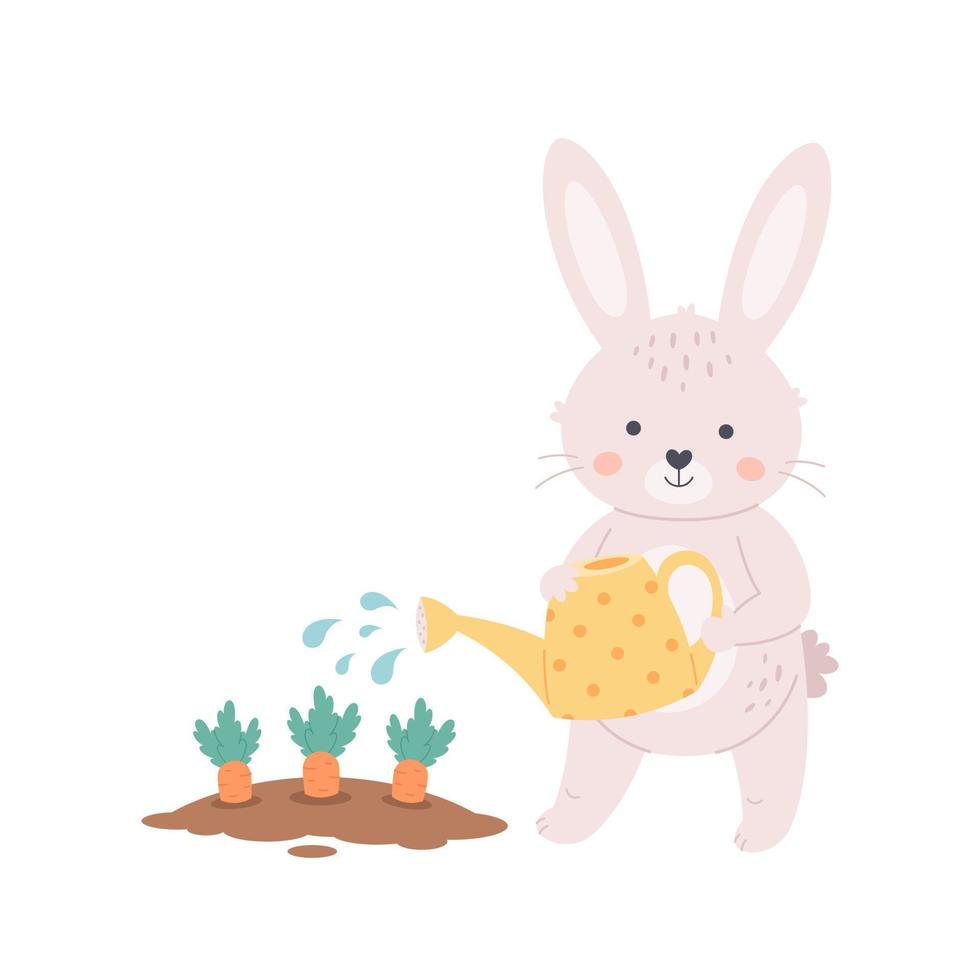 carino coniglietto bianco che innaffia le carote con l'annaffiatoio. primavera, giardinaggio, concetto di agricoltura vettore