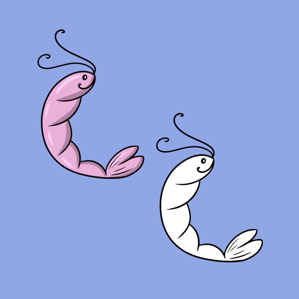 una serie di illustrazioni, vita marina, simpatici gamberi rosa con un sorriso, vettore in stile cartone animato su sfondo colorato