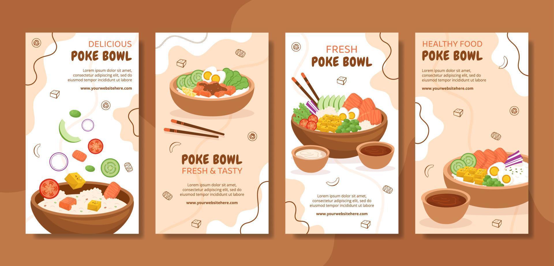 poke bowl cibo social media storie modello fumetto disegnato a mano illustrazione piatta vettore