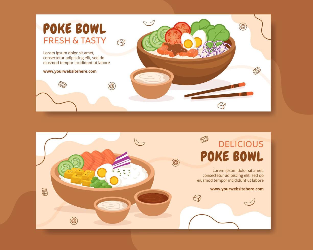 poke bowl cibo banner orizzontale modello disegnato a mano cartone animato piatto illustrazione vettore