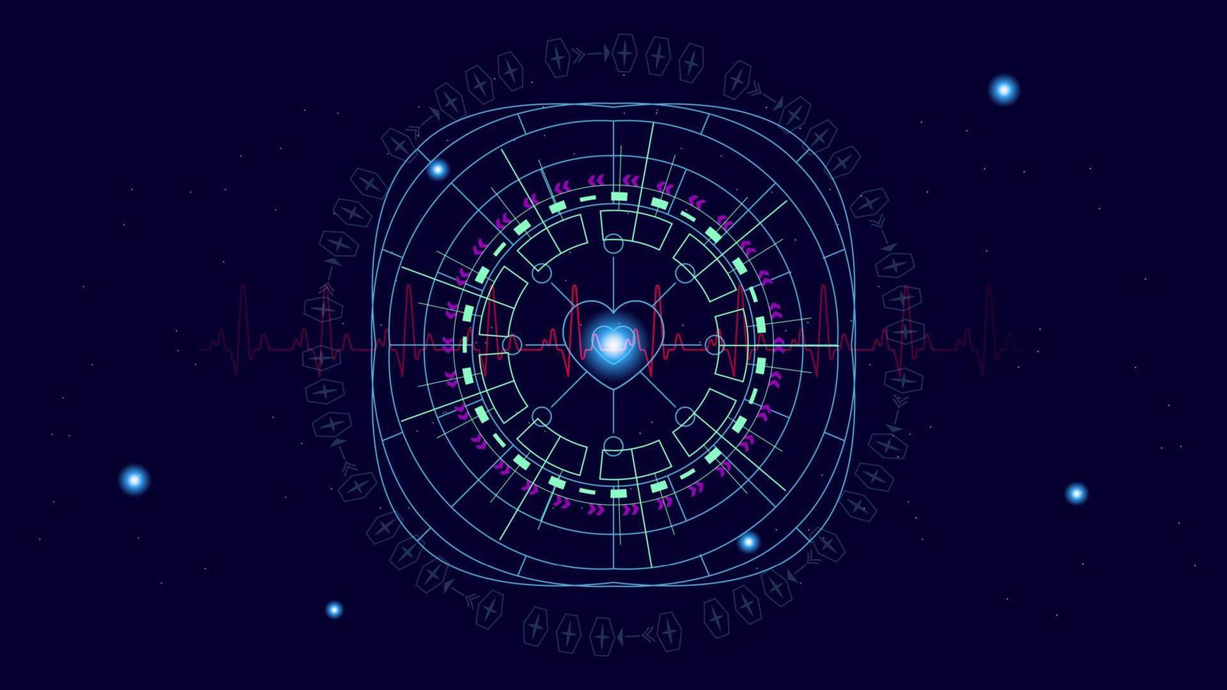 battito cardiaco o ekg nel monitor per l'interfaccia utente hi-tec tecnologia digitale blu con particelle luminose, illustrazione vettoriale