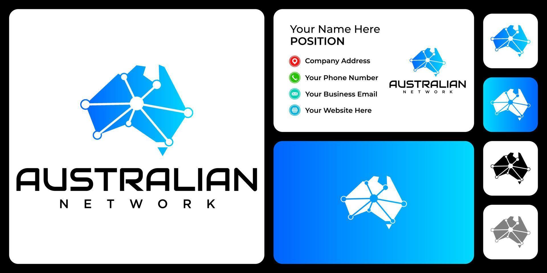 design del logo della rete mappa australia con modello di biglietto da visita. vettore