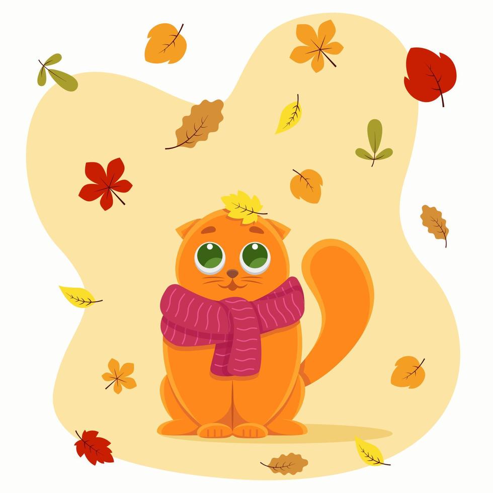 illustrazione vettoriale gatto rosso si siede sotto la caduta delle foglie d'autunno