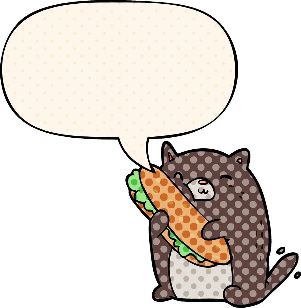 gatto dei cartoni animati che ama il fantastico panino che ha appena fatto per il pranzo e il fumetto in stile fumetto vettore
