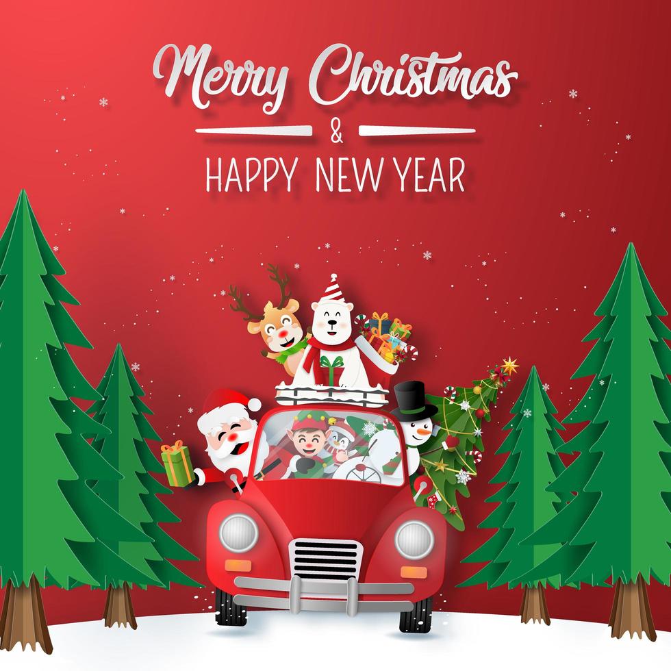 arte di carta origami di Babbo Natale e amici in auto rossa guida attraverso la foresta vettore