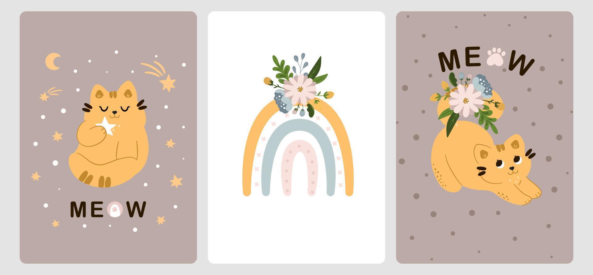 collezione di biglietti di auguri con simpatici gatti, arcobaleno e fiori in stile scandinavo cartone animato. per le vacanze dei bambini, per un neonato vettore