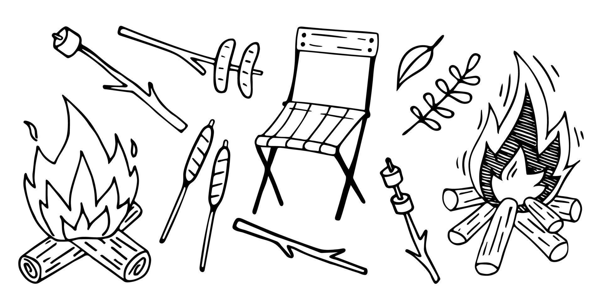 doodle di vettore impostato per il picnic. fuoco da campo disegnato a mano, salsicce fritte e marshmallow su un bastone.