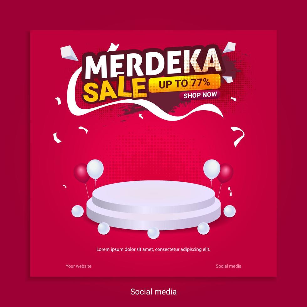 modello del manifesto di vendita del giorno dell'indipendenza dell'indonesia con podio su sfondo rosso per i social media vettore