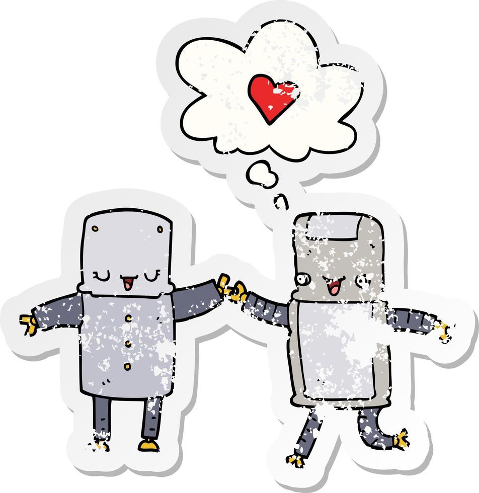 robot dei cartoni animati innamorati e bolle di pensiero come un adesivo consumato in difficoltà vettore
