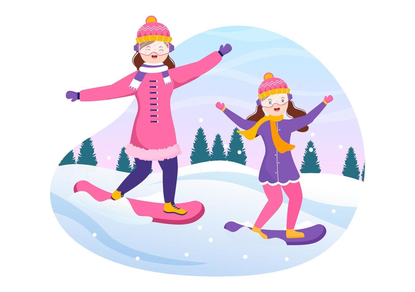 illustrazione piatta del fumetto disegnato a mano di snowboard di persone in abito invernale che scivolano e saltano con gli snowboard sui lati o sui pendii innevati della montagna vettore