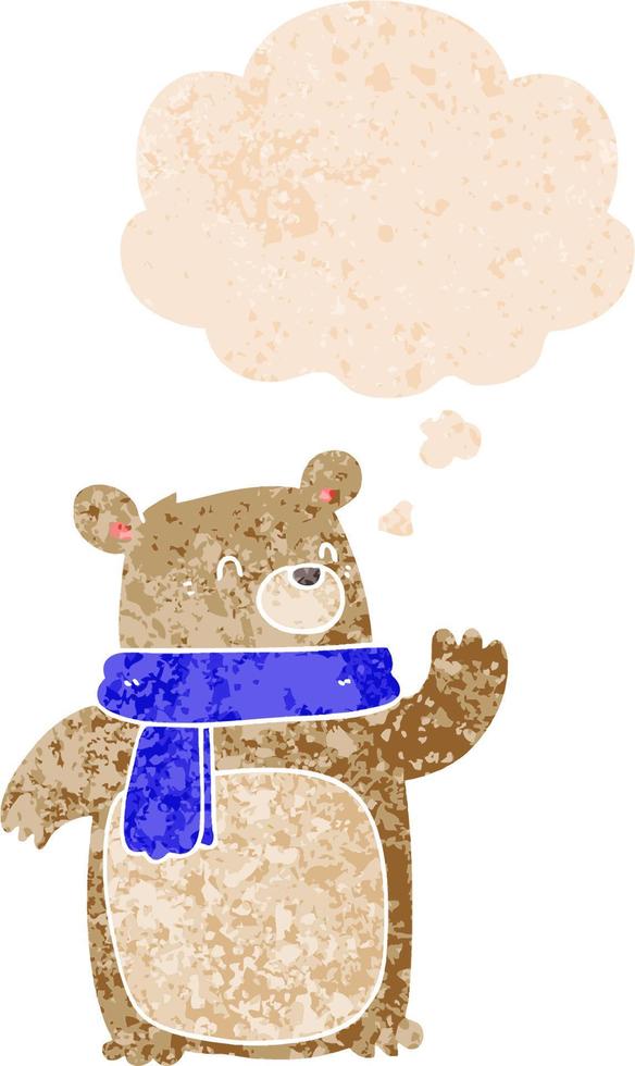 cartone animato orso che indossa sciarpa e bolla di pensiero in stile retrò strutturato vettore