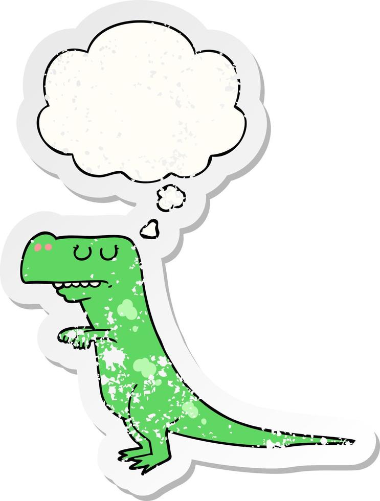 dinosauro cartone animato e bolla di pensiero come adesivo consumato in difficoltà vettore