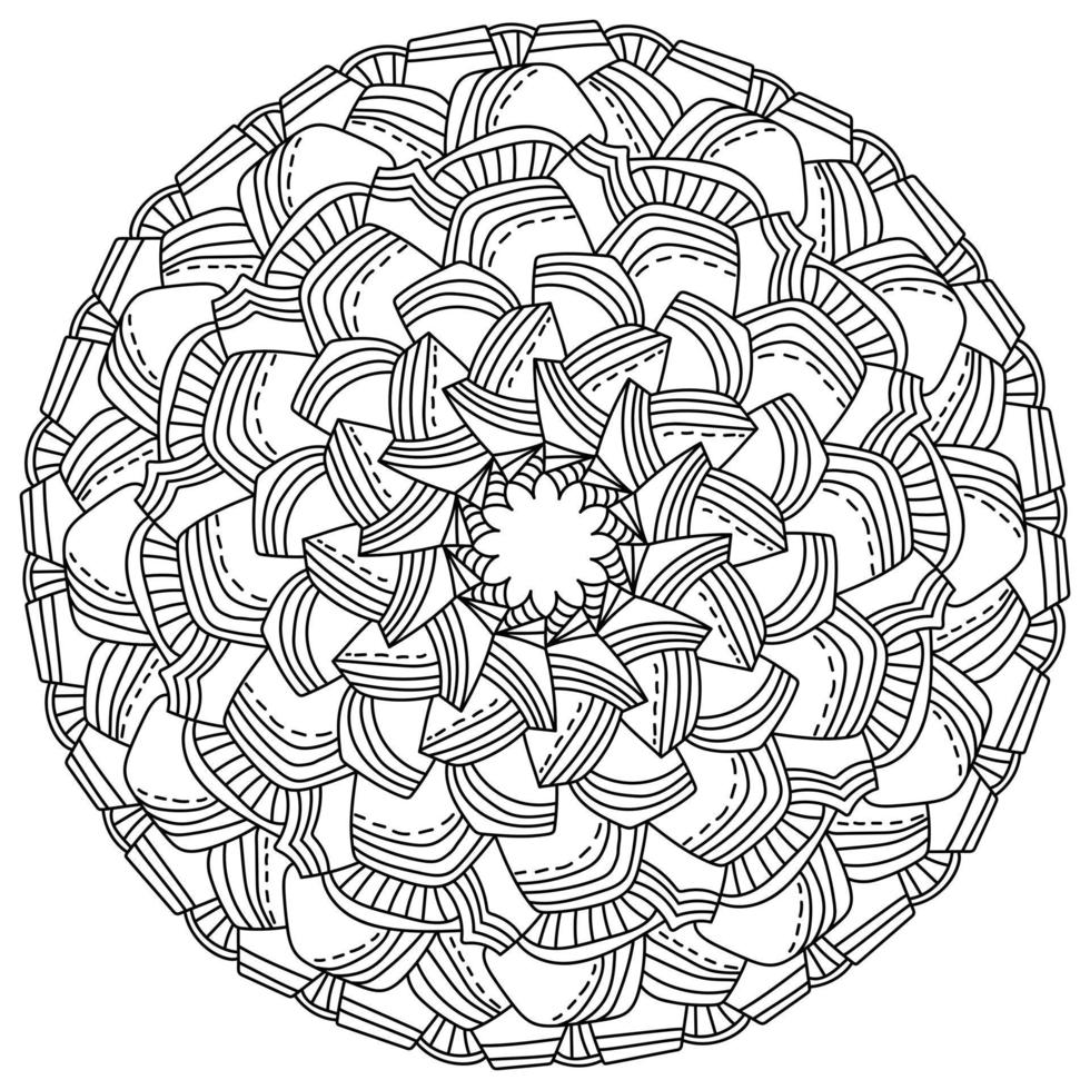 mandala meditativo con petali a strisce e tratti, pagina da colorare zen a forma di cornice rotonda con motivi vettore