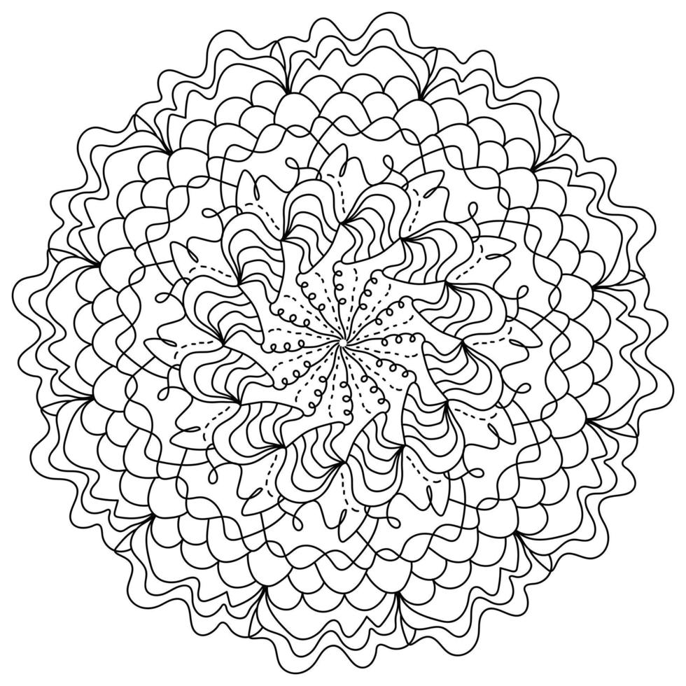 mandala ondulato con linee a spirale e intrecci, pagina da colorare zen per la creatività vettore