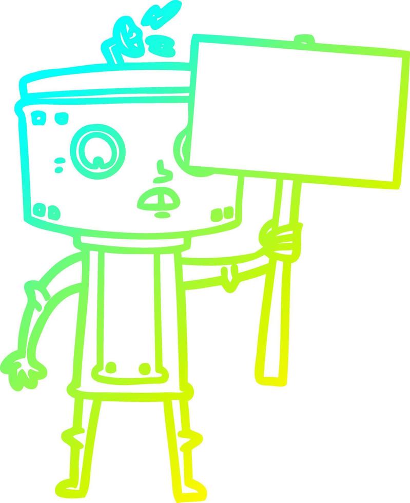 robot del fumetto di disegno a tratteggio a gradiente freddo con segno in bianco vettore