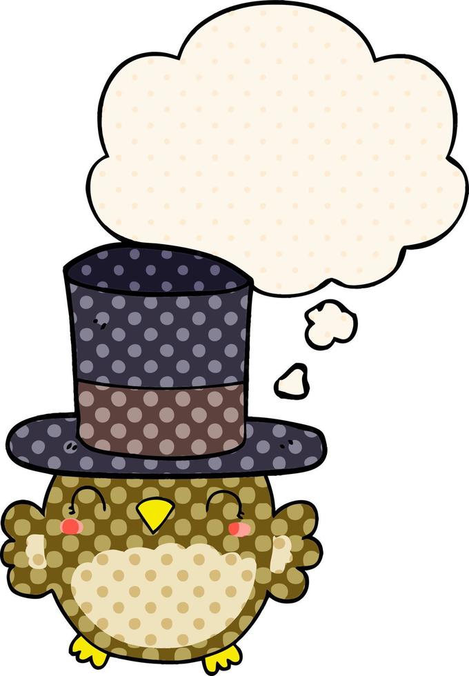 gufo cartone animato che indossa cappello a cilindro e bolla di pensiero in stile fumetto vettore