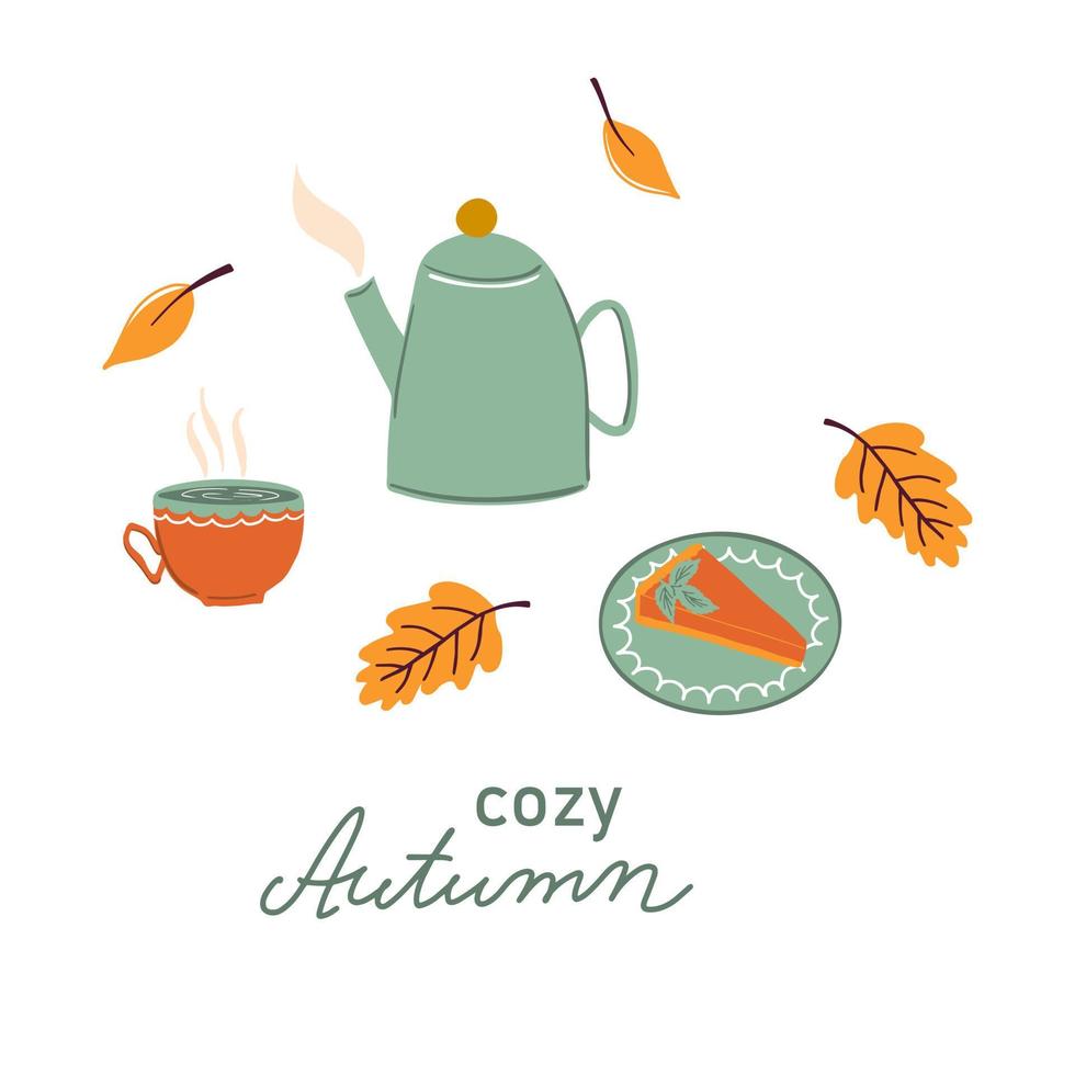 autunno cibo e bevanda tema. vettore illustrazione con fetta di zucca torta su un' piatto, tazza e teiera. accogliente autunno scritta. colorato mano disegnato illustrazione isolato su bianca.