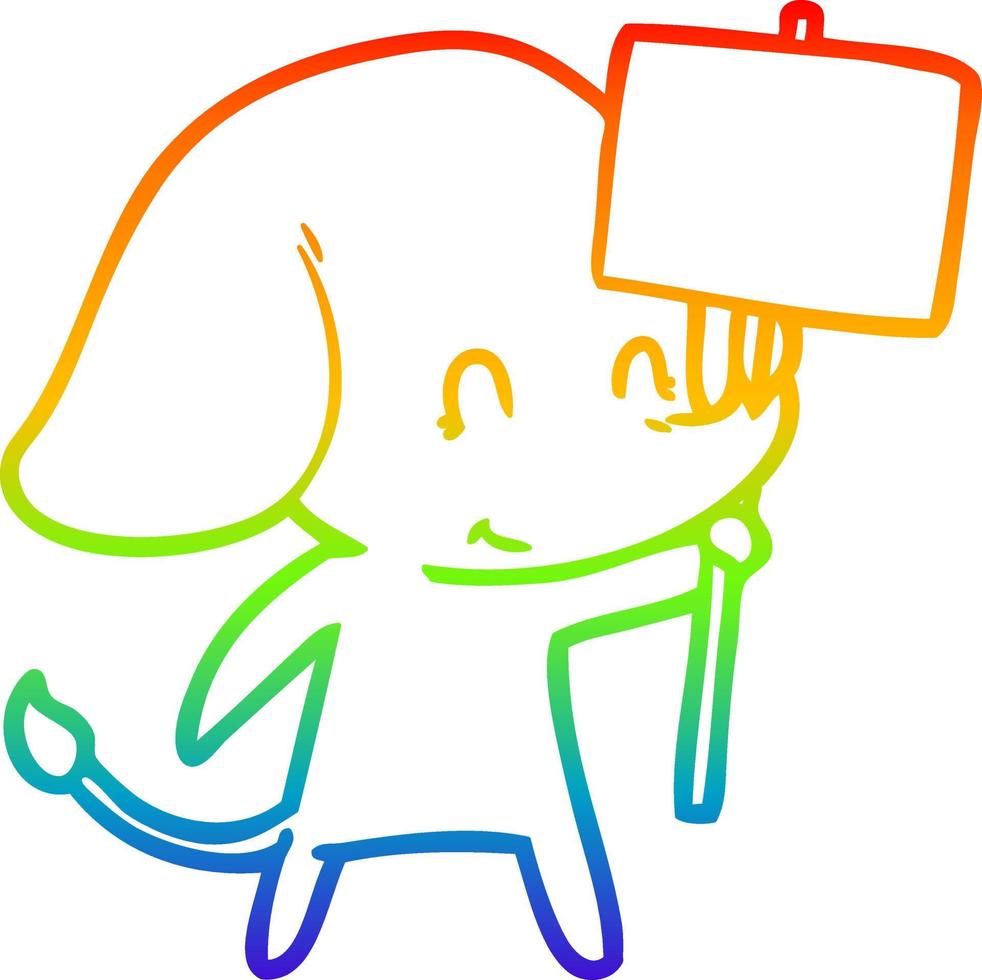 arcobaleno pendenza linea disegno carino cartone animato elefante con cartello vettore