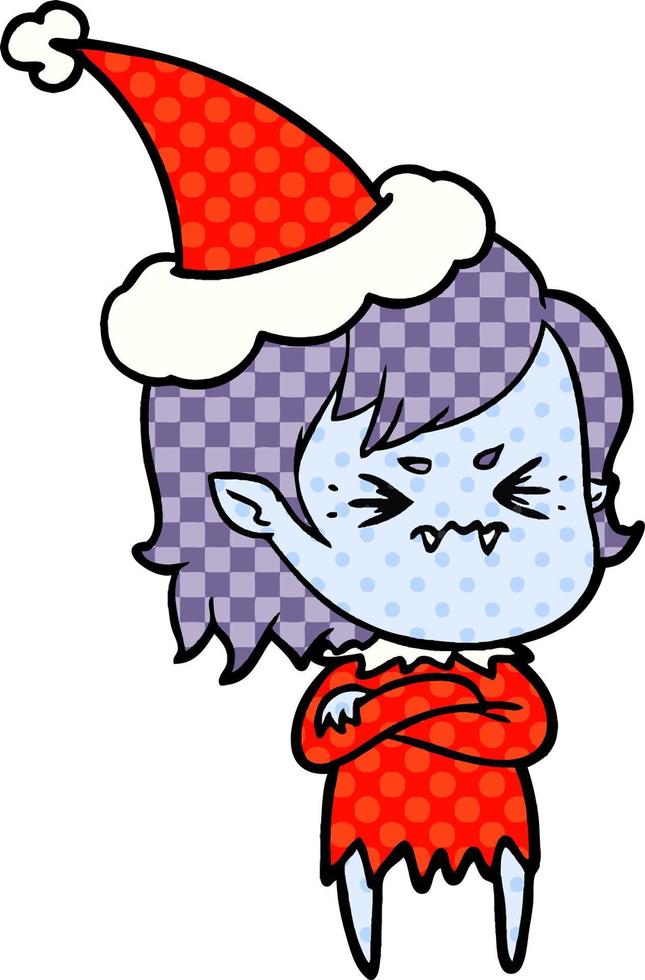 infastidito in stile fumetto illustrazione di una ragazza vampiro che indossa il cappello di Babbo Natale vettore