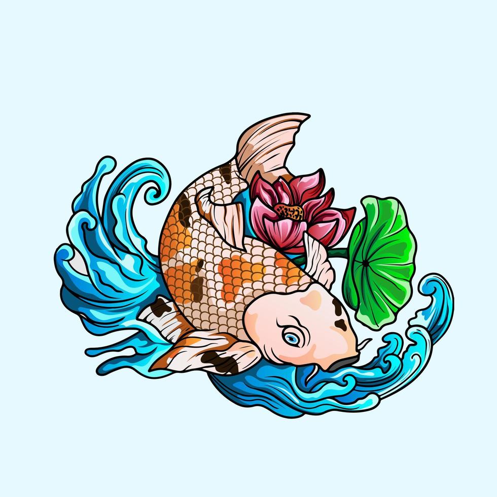 mano disegnato koi pesce, tropicale giapponese fiori vettore illustrazione.colorato koi carpa con acqua spruzzi, loto e peonia fiore. Stampa per maglietta grafico e altro usi.