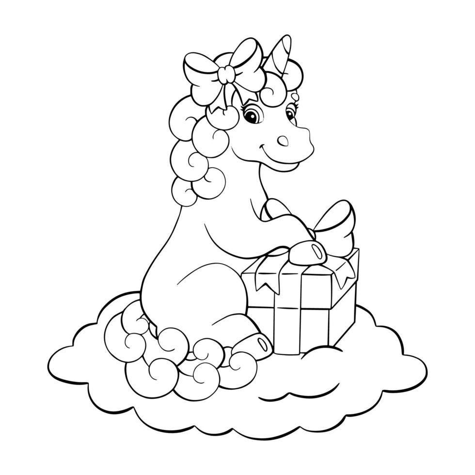 pagina da colorare per bambini. simpatico unicorno con un regalo. timbro digitale. personaggio in stile cartone animato. illustrazione vettoriale isolato su sfondo bianco.