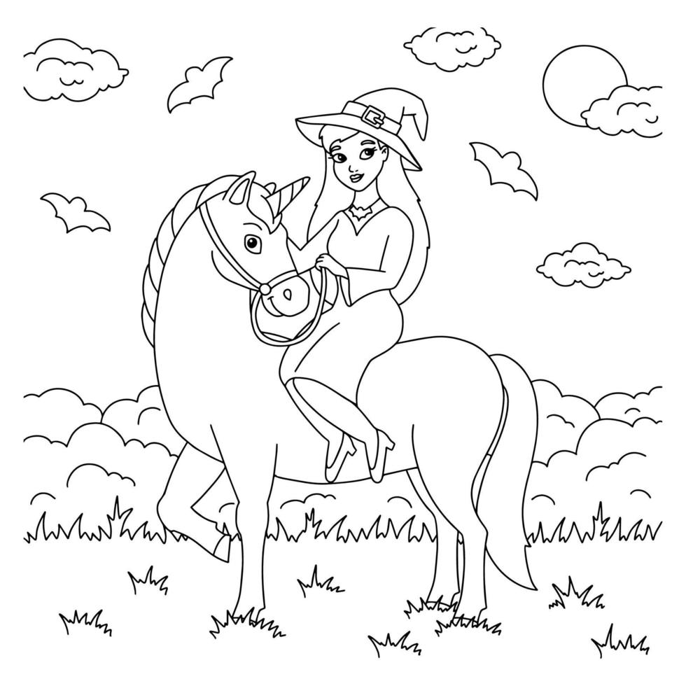 la strega cavalca un unicorno. pagina del libro da colorare per bambini. personaggio in stile cartone animato. illustrazione vettoriale isolato su sfondo bianco. tema di Halloween.