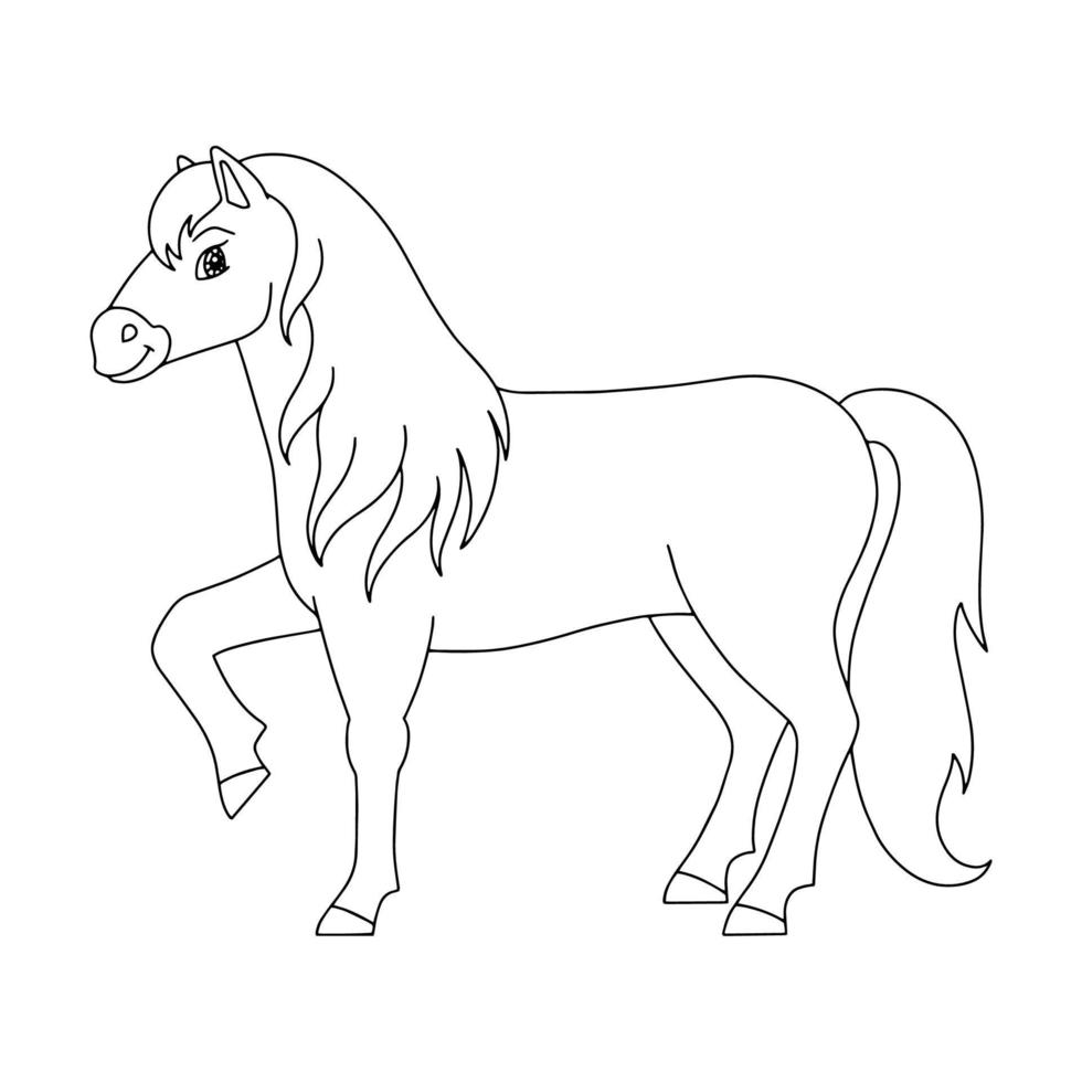 cavallo carino. animale da fattoria. pagina del libro da colorare per bambini. stile cartone animato. illustrazione vettoriale isolato su sfondo bianco.