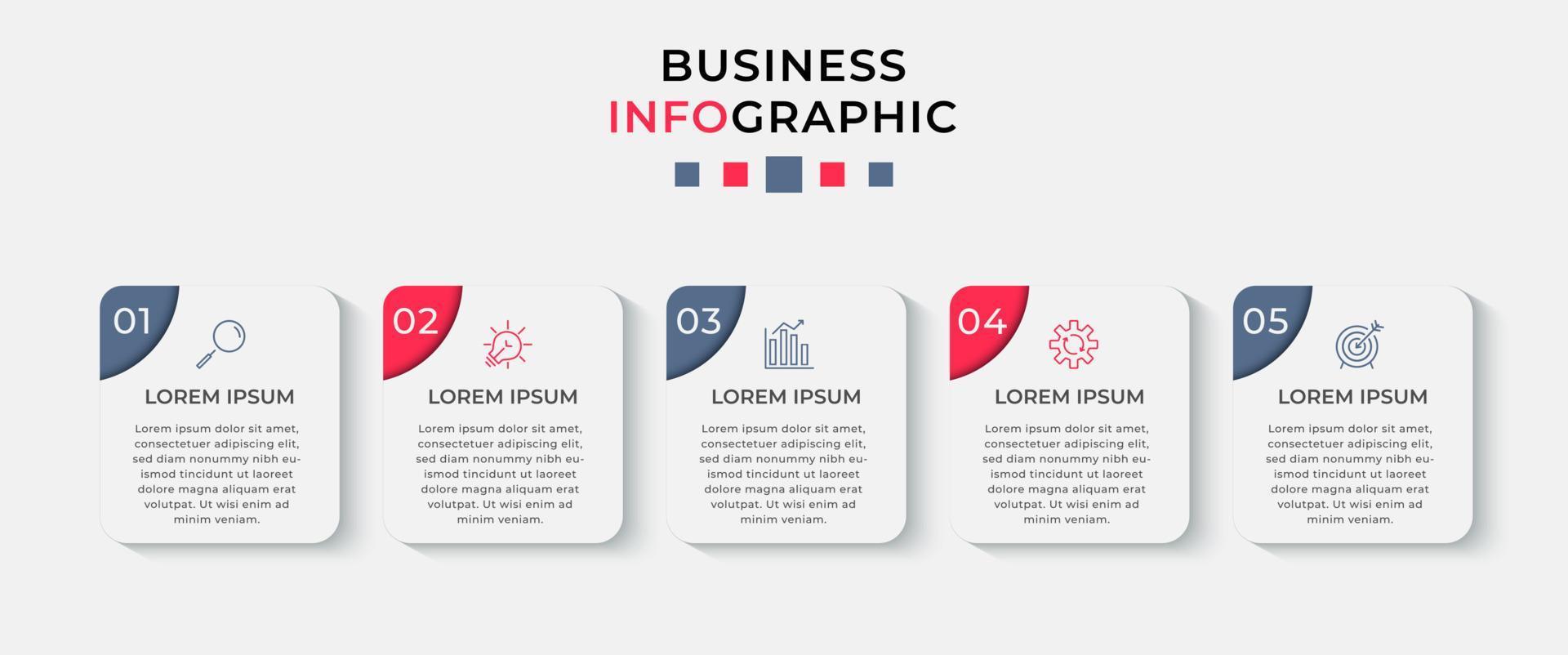 modello di business di progettazione infografica vettoriale con icone e 5 opzioni o passaggi. può essere utilizzato per diagramma di processo, presentazioni, layout del flusso di lavoro, banner, diagramma di flusso, grafico informativo