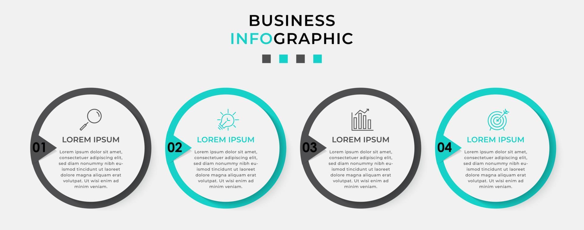 modello di business di progettazione infografica vettoriale con icone e 4 opzioni o passaggi. può essere utilizzato per diagramma di processo, presentazioni, layout del flusso di lavoro, banner, diagramma di flusso, grafico informativo