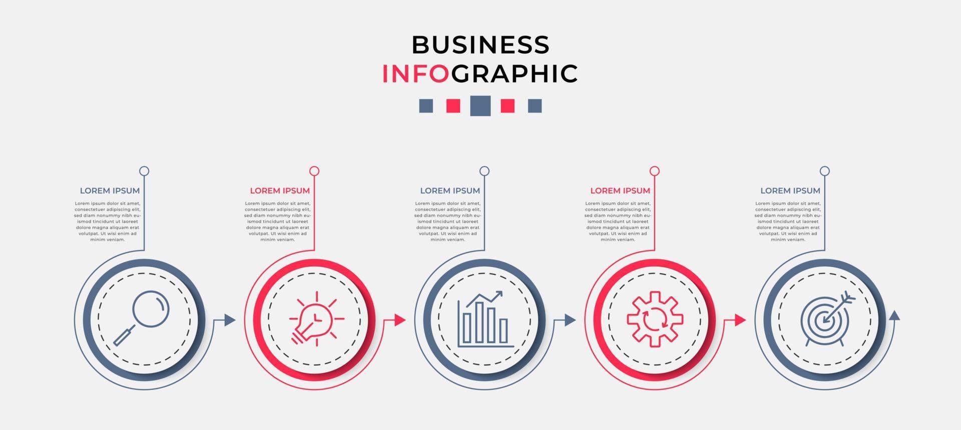 modello di business di progettazione infografica vettoriale con icone e 5 opzioni o passaggi. può essere utilizzato per diagramma di processo, presentazioni, layout del flusso di lavoro, banner, diagramma di flusso, grafico informativo