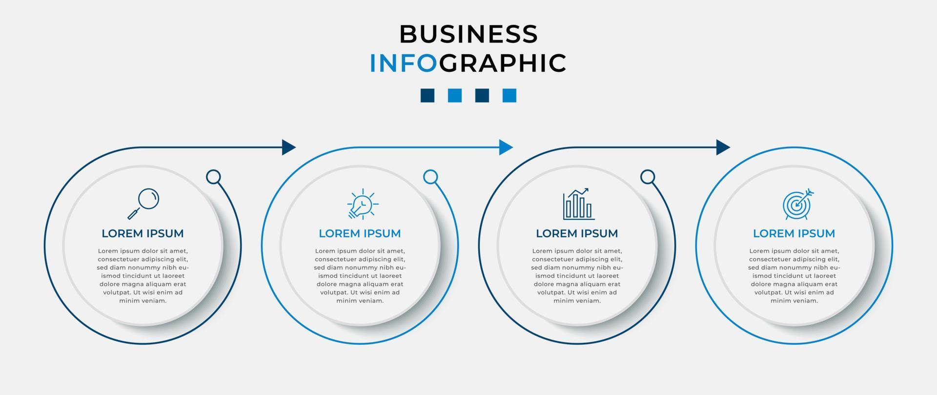 modello di business di progettazione infografica vettoriale con icone e 4 opzioni o passaggi. può essere utilizzato per diagramma di processo, presentazioni, layout del flusso di lavoro, banner, diagramma di flusso, grafico informativo