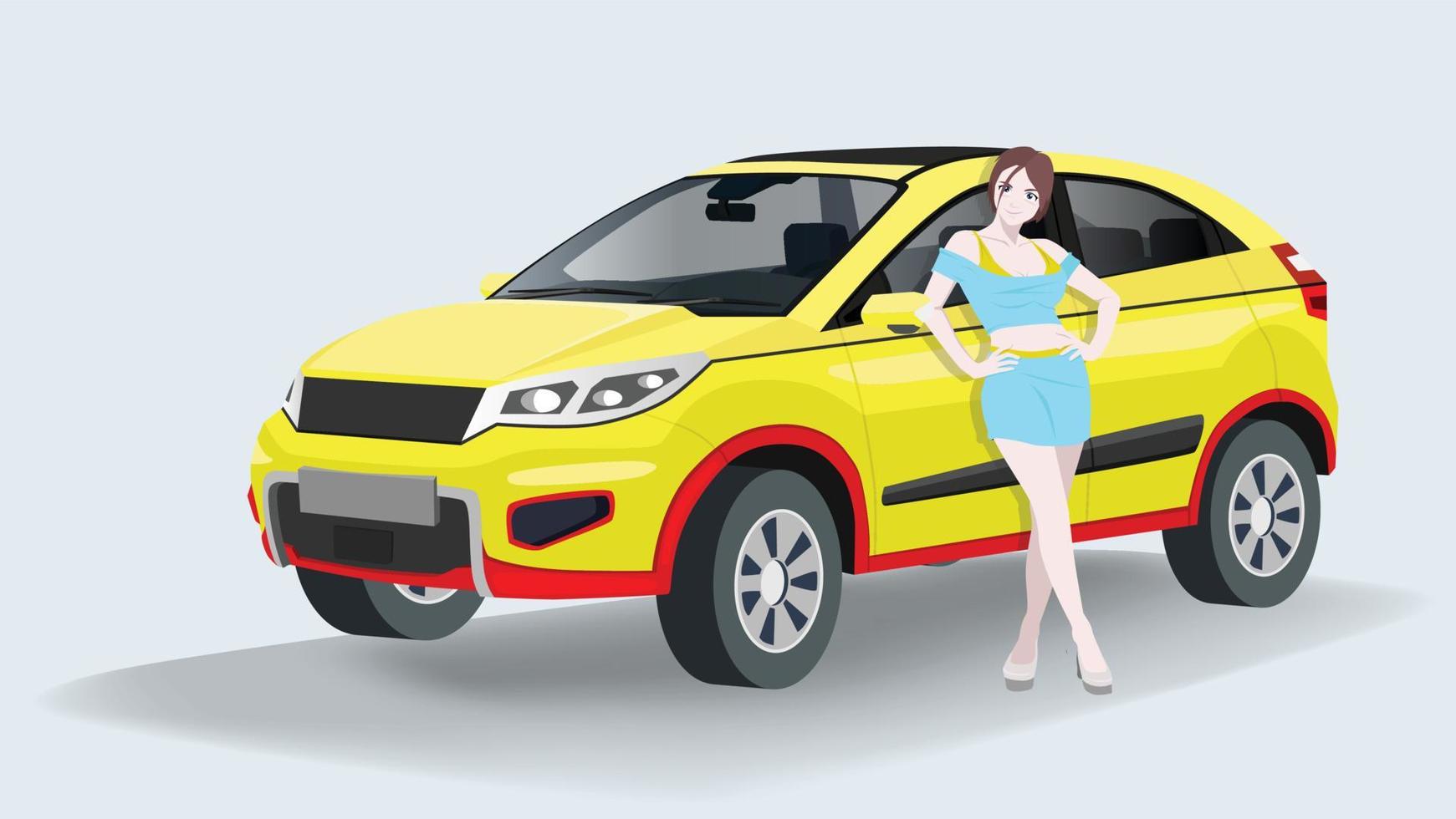 vettore o illustrazione di femmina venditore o bella con elettrico auto suv giallo colore. presentazione nel il showroom bianca colore. può vedere dentro il macchina.